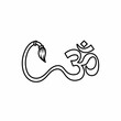 © Genta - Black and white line art illustration of the sacred Om symbol with a paintbrush forming part of its stylized curve, representing spiritual creativity.