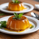Delicious caramel pudding dessert with mint leaves and syrup on white plate, gourmet creme caramel or flan on wooden table.