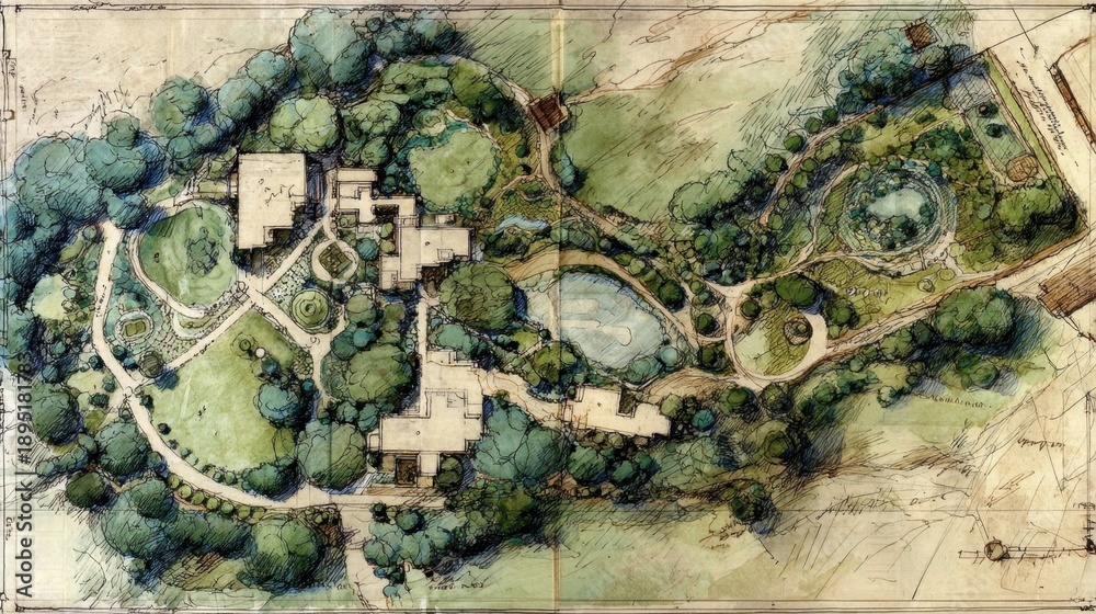 Landscape architecture master plan drawing showing a detailed garden ...