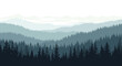 © Emma - Illustration of a tranquil mountain landscape with a dense coniferous forest in the foreground and layers of misty hills in the distance.