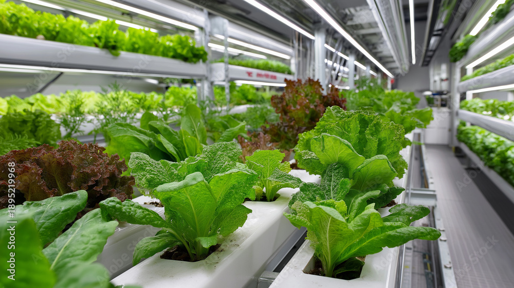 Photo Stock Indoor vertical farm rows of leafy green vegetables ...
