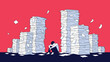 © Power Clipart - Exhausted office worker sits on the floor defeated by massive skyscrapers of paper documents in a red workspace.