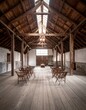 © SEGO - Interior perspective of a wooden-beamed building with rows of chairs, natural light from above, and a visible door