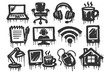 © YULIIA - Grunge office icons: laptop, headset, coffee, wifi, notebook, mouse, lamp, tablet.