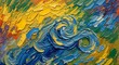© 彭若强 - Abstract oil painting with swirling blue and yellow brushstrokes on a vibrant background