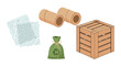 © Masum - Various packaging materials for shipping and storage including bubble wrap cardboard tubes a wooden crate and a reusable bag, Generative AI.