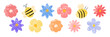 © Nadiia - Hand-drawn crayon flowers and bees set with pastel textures. Cute vector chalk elements for spring designs, stickers, greetings and kids illustrations.