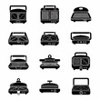 © Agu - Collection of various sandwich maker and toaster designs in black and white.