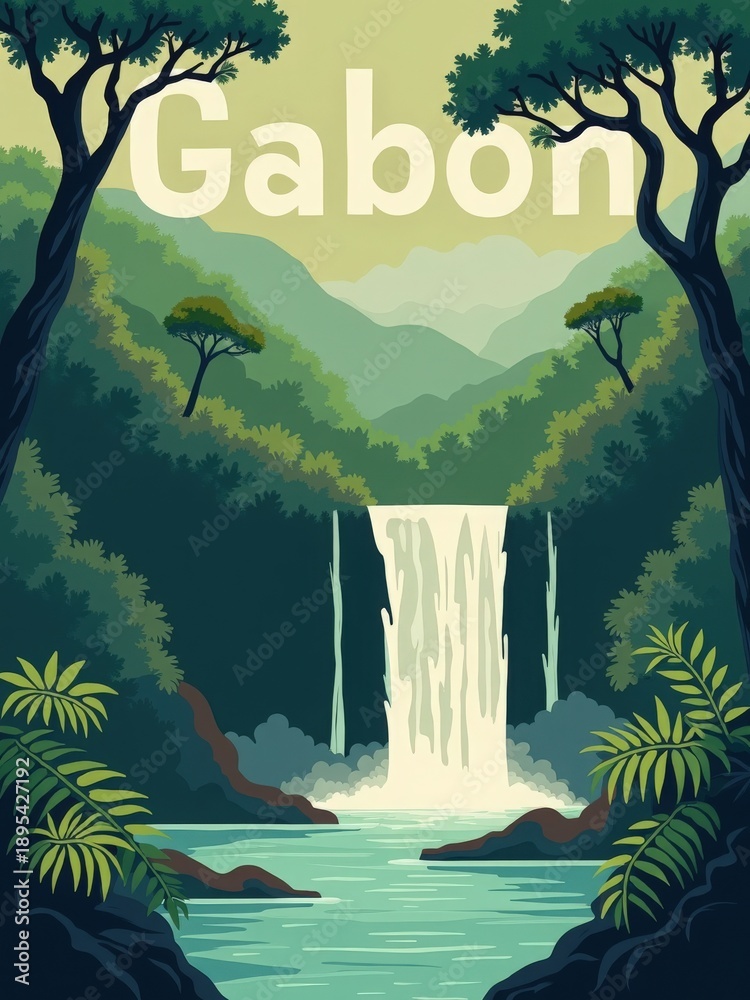 A waterfall flows into a calm river, surrounded by green trees and mountains. The sunlight shines on the water. Gabon is shown in large letters above the scene.