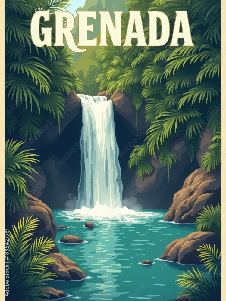 A waterfall flows down rocks surrounded by green plants in Grenada. Clear water pools at the bottom among large stones. Sunlight filters through the trees, creating a natural scene.