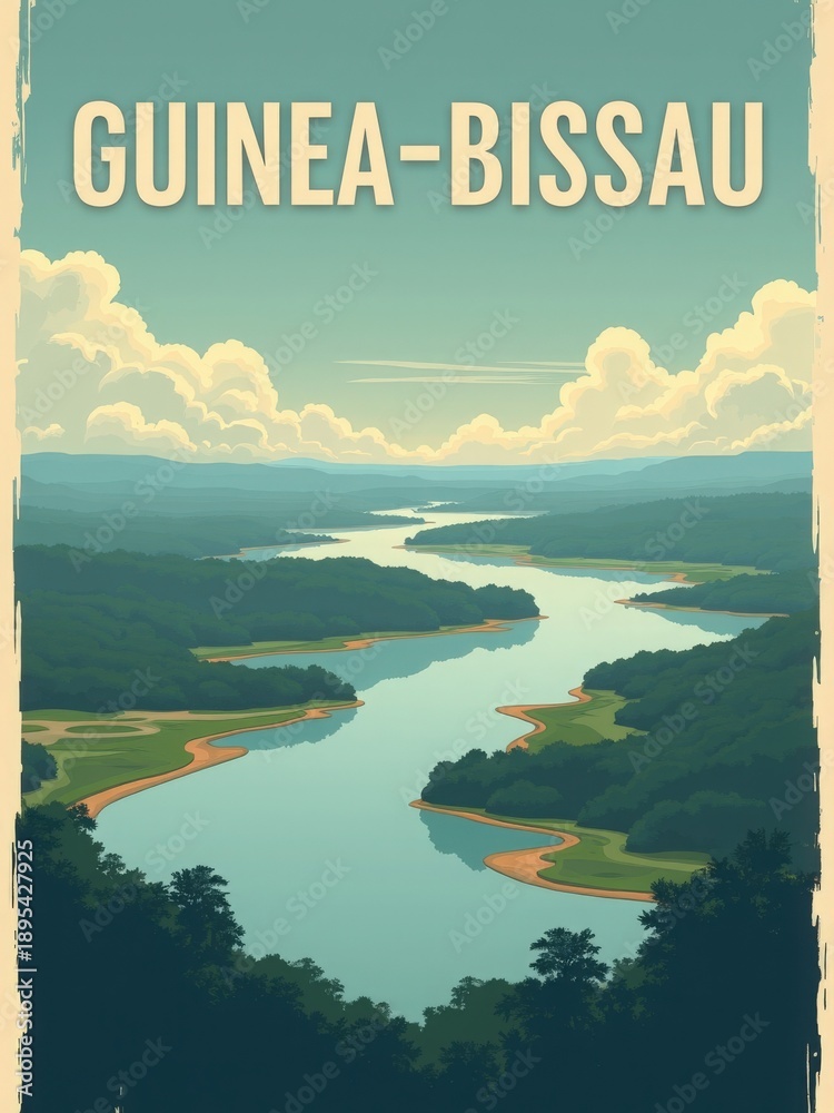 A wide river flows through green hills in Guinea-Bissau. Clouds float above the landscape under a clear sky. The natural scene shows the beauty of this West African country.
