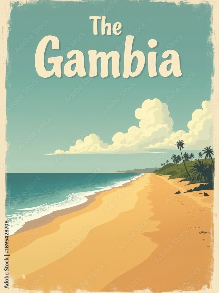 The picture shows a long sandy beach in The Gambia. Waves crash gently on the shore. Green hills and palm trees appear in the background. The sky has light clouds and a soft blue color.