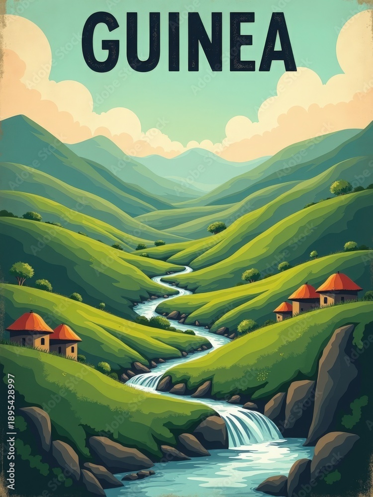 The scene shows rolling green hills with a flowing river. Small houses with red roofs sit by the water. Trees dot the hills under a blue sky with white clouds. This is a natural setting in Guinea.