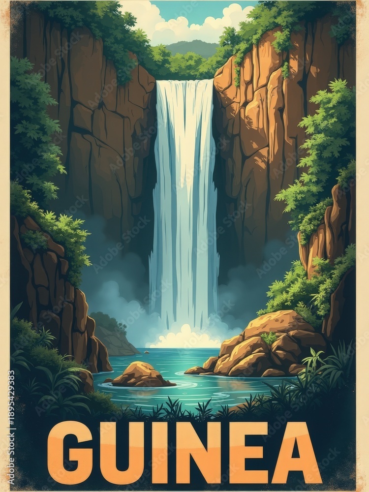 The scene shows a waterfall flowing down cliffs surrounded by green trees and rocks. Water splashes into a blue pool below. This takes place in Guinea in a natural setting.