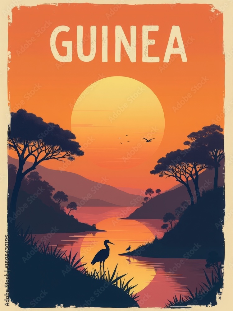 A large orange sun sets over a calm river in Guinea. Silhouettes of tall trees line the riverbanks. Birds fly above and stand in the water. The scene shows natural beauty and wildlife.