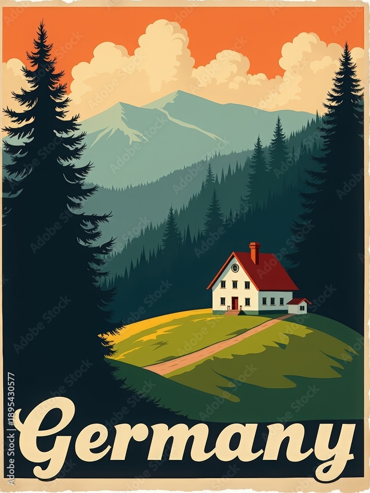 A house stands on green land in Germany, surrounded by tall trees. The background shows mountains under a sky with clouds during sunset. This scene captures a moment in nature.