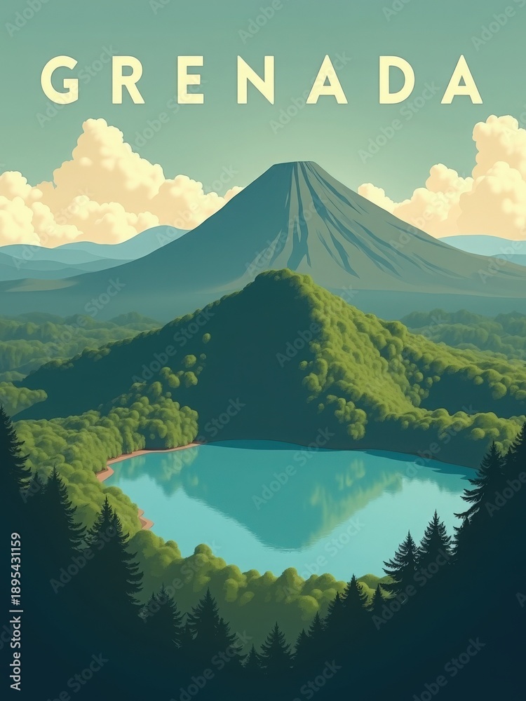 A landscape shows a large volcano in the background with clear skies. Below, a calm lake reflects the mountain. Lush green trees create a natural frame around the scene.