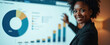 © Vadym - Black woman in suit points to pie chart and bar graph on large screen. She presents business data analysis and key performance indicators, showing company growth.