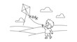 © bloombi - Child Flying a Kite in an Open Field Under Clouds and Sky.