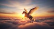 © haris - Majestic white Pegasus horse with large wings soaring through a breathtaking sunset sky above a sea of clouds.