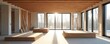 © Maryna - Modern house construction interior view. Stacks of wood panels sit on floor. Exposed ceiling beams and unfinished walls show framing progress. Large windows offer outdoor winter scene.