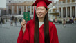 © Krakenimages.com - Woman in red graduation gown holds a chinese passport in st. peter's square, surrounded by the iconic architecture and bustling crowd of vatican city.