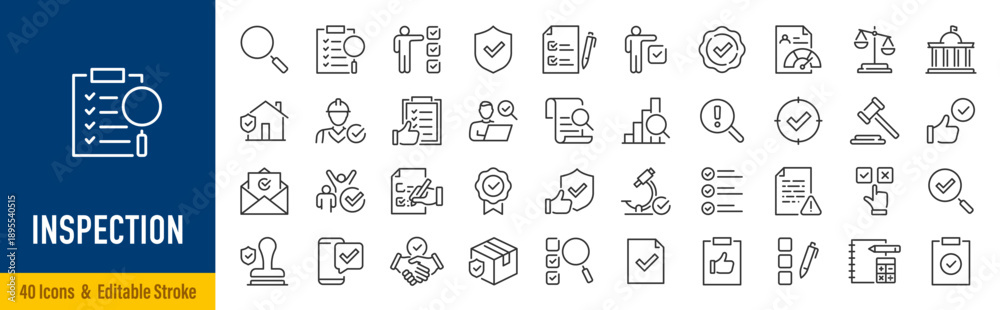 Inspection web icons in line style. Examination, testing, quality ...