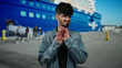 © Krakenimages.com - Young man with a disgusted expression at a seaside port with a large blue boat in the background, expressing aversion outdoors while wearing a casual denim jacket.