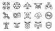© Muhammad - Vector set of drone technology and surveillance line icons featuring quadcopters, remote controls, satellites, facial recognition, cloud security, AI monitoring, and privacy protection symbols.