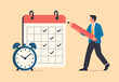© Hanufa - Schedule planning and time management, organize meeting and appointment, event reminder or business schedule concept, businessman holding pencil planning work schedule on calendar and alarm clock.