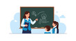 © Syamil Studio - Female Teacher Teaching Students in Classroom using Blackboard Illustration. Education, school, learning, mentorship concept.