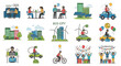 © Ailesh - A collection of flat design illustrations depicting modern lifestyle, business, eco-friendly technology, and celebration scenes.