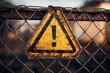 © Beryl - Yellow warning sign with exclamation mark hanging on a rusty metal fence outdoors.