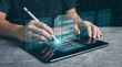 © Rouf - A persons hands diligently interact with a digital tablet using a stylus to check boxes on glowing virtual forms in a high technology setting