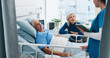 © peopleimages.com - Old couple, listen or nurse with tablet by hospital bed, health update or care coordination for release. Patient request, senior people or medical staff with treatment support, tech or leaving info