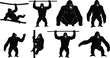 © MstParul - Black and white gorilla silhouette collection with climbing, hanging and standing poses, powerful primate wildlife vector illustration isolated on white background