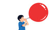 © Antorik - A young boy is concentrating on blowing a very large red bubble from a bubble gum wand against a clean white background illustration.