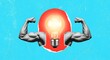 © Muqadass - Creative muscular arms flexing with glowing light bulb idea on blue background, symbolizing strength and innovation for business and technology concepts.