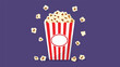 © Jamal - Classic red and white striped bucket overflowing with buttery popcorn on a deep purple background with kernels scattered around.