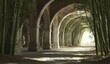 © Udin - Arched corridor bathed in sunlight, flanked by dense bamboo stalks and leaves. Rustic stone and shadows create depth