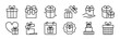 © Nivins McTwisp - Gift box icon set. Present black line icons. Surprise sign. Holiday, festive, Birthday, Christmas, party concept. Vector illustration. Flat design. Isolated on a white background. Editable stroke.