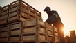 © Julia - Worker in uniform stacking pallets with wooden crates, warehouse storage area, medium shot, warm golden hour lighting, documentary style, pallet crate stacking, warehouse material organization