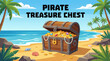 © Evan - classic pirate treasure chest placed on a tropical beach with sand and rocks, designed for adventure branding, game assets, and storytelling visuals