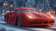 © Арман Амбарцумян - Surreal luxury red sports car wrapped in knitted wool sweater texture standing on snowy road. Winter season vehicle protection and auto insurance concept