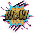 © AKASH - Wow comic pop art explosion burst with halftone dots, colorful retro cartoon blast bubble, superhero sound effect typography illustration design
