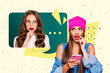 © deagreez - Template sketch trend artwork 3D photo collage of two young lady friends chatting jold smartphone cloud thought balloon comment chat