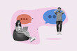 © deagreez - Creative full art collage of happy girl guy stand communication icon dialogue conversation speech distance chat discussion