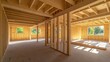© Deastudio - Construction interior showing unfinished wooden framing beams and planks for a new residential building with sunlight casting shadows