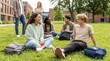 ©  Elvira Astahova - Group of diverse students relaxing on grass in campus courtyard