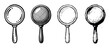 © Sophia - Set of four hand-drawn magnifying glasses in various artistic styles, from clean line art to a rough grunge sketch, representing concepts of search, analysis, and investigation